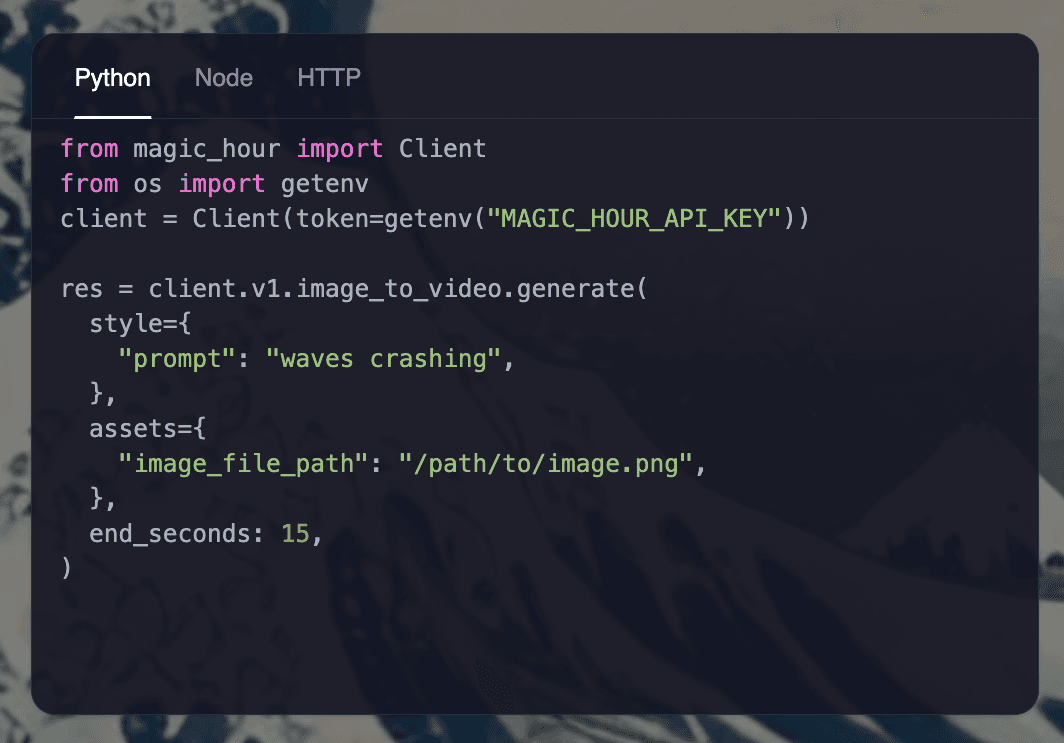 The original code preview on the /api page, with Python, Node and HTTP tabs, showing an image-to-video request