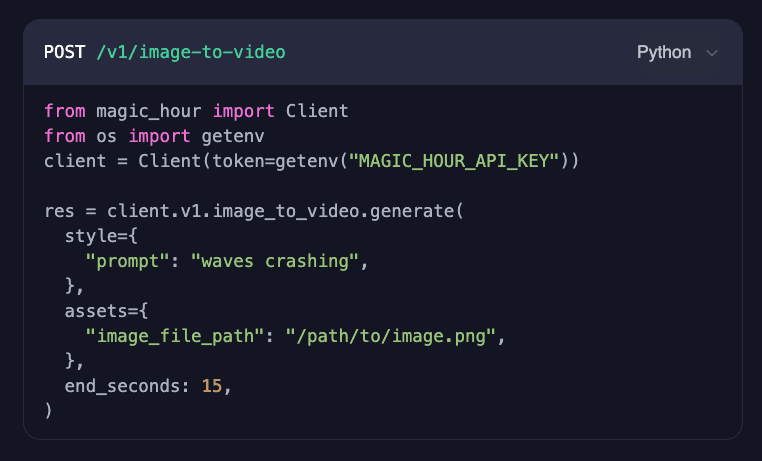The restyled code preview in the landing page's developers section, showing an image-to-video request