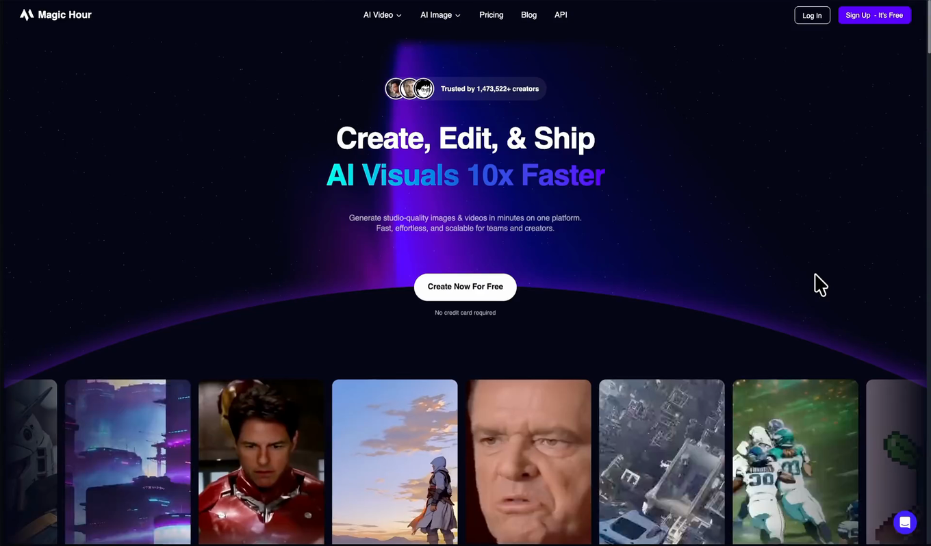 The new Magic Hour landing page, headlined Create, Edit, & Ship AI Visuals 10x Faster