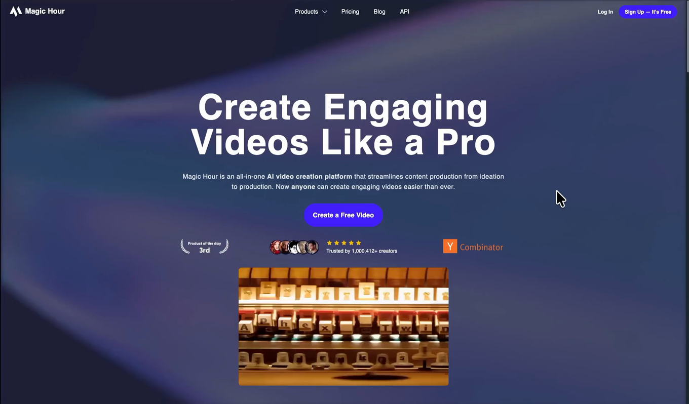 The old Magic Hour landing page, headlined Create Engaging Videos Like a Pro